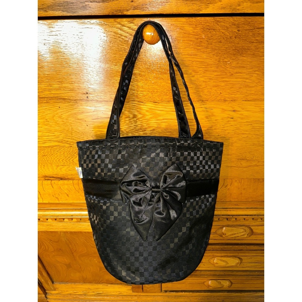 NaRaYa Black Satin Checkered Bow Medium Tote Bag Drawstring Pearl Accent